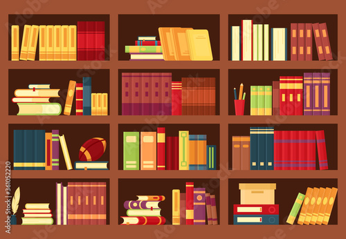Vector illustration of wooden bookshelves with books, pencils, pile textbooks, magazines in flat style. Bookcase for bookstore background,  wallpaper, library, school education, infographic template.