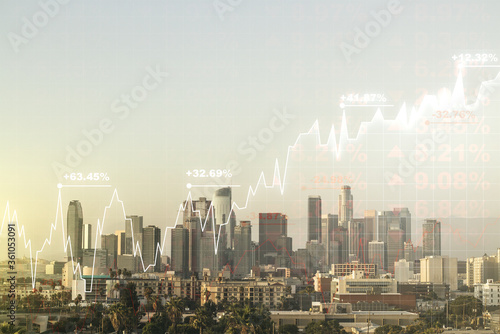 Double exposure of virtual creative financial diagram on Los Angeles office buildings background, banking and accounting concept