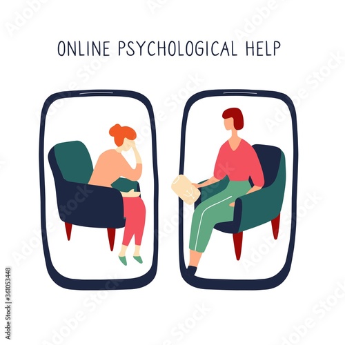 Girl at session with psychologist talks about her problems. Online consultation of psychotherapist. Psychological treatment. Linear vector illustration