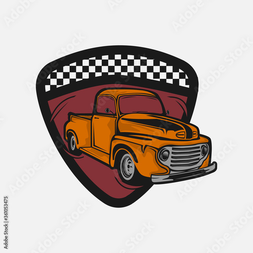 Retro car repair garage sign with retro style truck. Custom restoration shop. Truck  illustration of classic retro style truck. Isolated on grey.