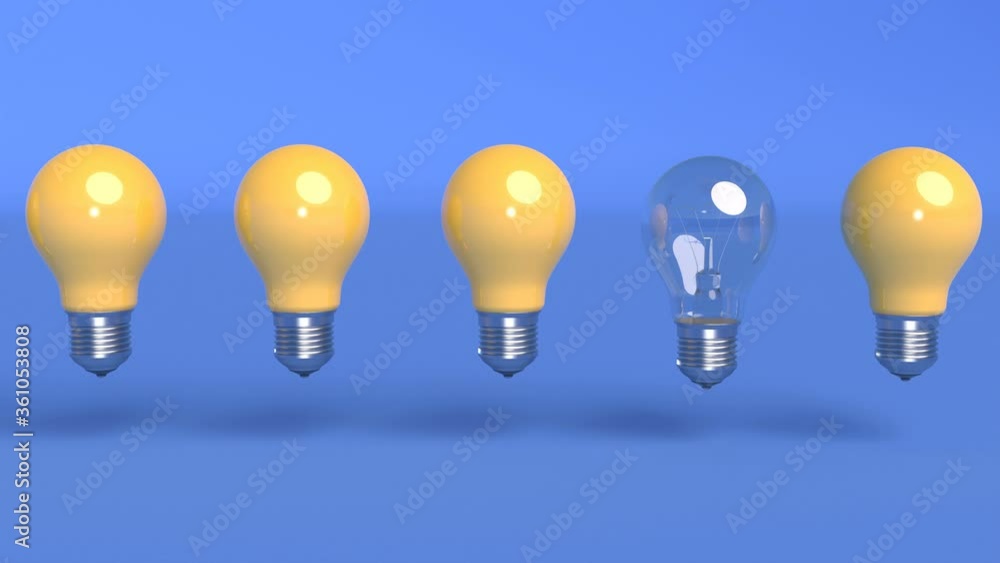 Outstanding light bulb among blue light bulbs Business concept Interior design Creative idea Incandescent lamp pulsates 4k Outstanding light bulb among blue light bulbs Business concept Interior design Creative idea Incandescent lamp pulsates 4k