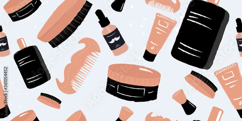Men hygiene and self care seamless pattern. Cosmetic salon or barber shop repetitive background. Mustache comb, odecolone, round brush, cream tube, hair wax jar, swob and mustache oil dropper bottle.