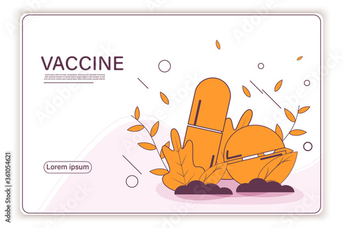 Time to vaccinate. Landing page template. Modern flat concept for web design. Vector illustration with syringe with vaccine, bottle and virus.