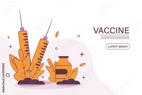 Time to vaccinate. Landing page template. Modern flat concept for web design. Vector illustration with syringe with vaccine, bottle and virus.