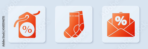 Set Socks, Discount percent tag and Envelope with an interest discount. White square button. Vector.