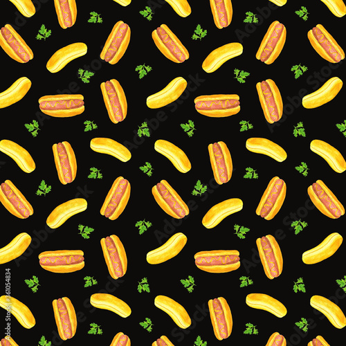 Watercolor illustration of hot dog wiener in pastry bun with ketchup or mustard pattern set isolated on Dark background Design for a hot dog wrapper, for an apron of the seller of a hot dog