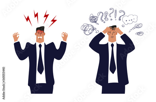 Angry businessman, a man in a suit and tie is upset or furious. Concept of a burnout office worker, problems at work. A businessman with a headache, a man in stress from work and problems. Flat vector