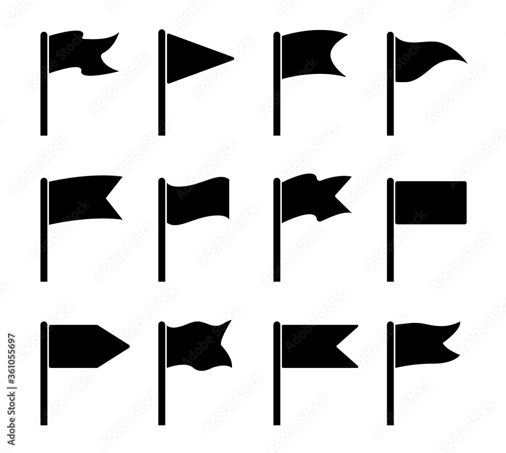 Flag icons. Shapes for pennants and wavings. Flagpole location on map