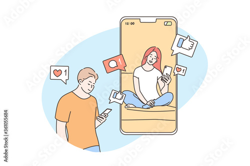Technology, online, communication, social media, quarantine concept. Young man boyfriend chatting with woman girlfriend on network smartphone. Remote conversation during lockdown period illustration.