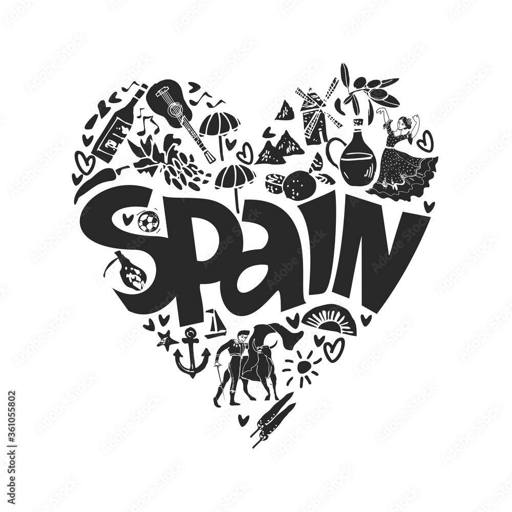 Obraz Black and white heart emblem with the symbols of Spain and text Spain in the center written by hand. Tourist logo for guides to Spain in cartoon style. Vector illustration