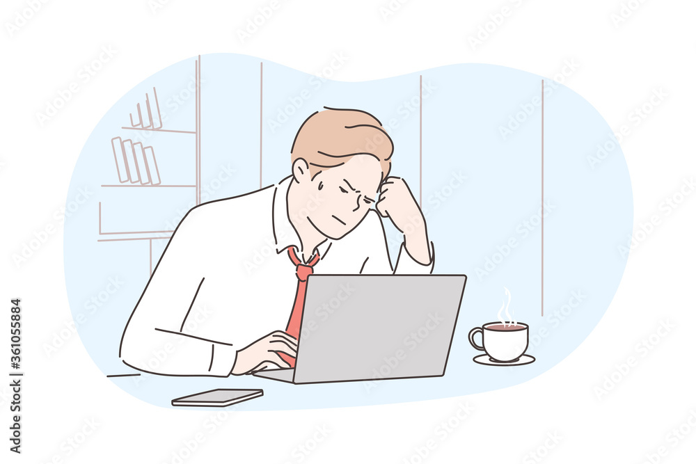 Business, frustration, mental stress, depression, work concept. Young depressed stressful frustrated businessman clerk manager working at office uses laptop. Overwork and negative emotions or headache Business, frustration, mental stress, depression, work concept. Young depressed stressful frustrated businessman clerk manager working at office uses laptop. Overwork and negative emotions or headache