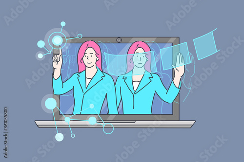 Business, assistance, counsultation, artificial intelligence set concept. Virtual businesswoman online assistant cartoon character professionally consulting. Digital AI web technology illustration. photo