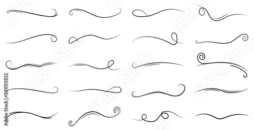 Swirl line. Elements of calligraphy. Vintage ornament with dividers and swashes. Ornate decorative set of doodles for wedding frame. Curly swish for design. Border for text, scroll and banner. Vector photo