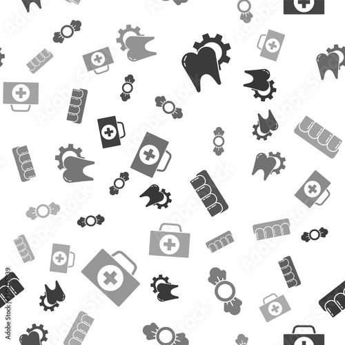 Set Tooth treatment procedure, Candy, Dentures model and First aid kit on seamless pattern. Vector.