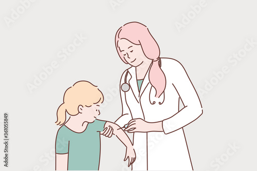Healthcare, vaccination, medicine, coronavirus, infection concept. Young woman doctor injecting vaccine shot to child kid girl from covid19 desease. Nursing and flu preventive measures illustration.