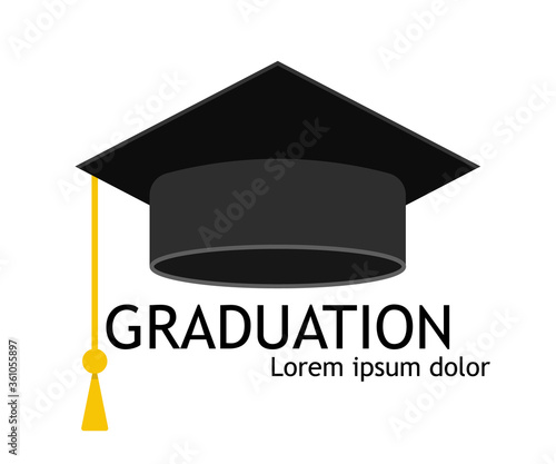 Hat of graduate. Cap for student of university or school. Icon of education and diploma. Hat with tassel for master college, academy. Degree professor or scholar. Academic, study symbol. Vector