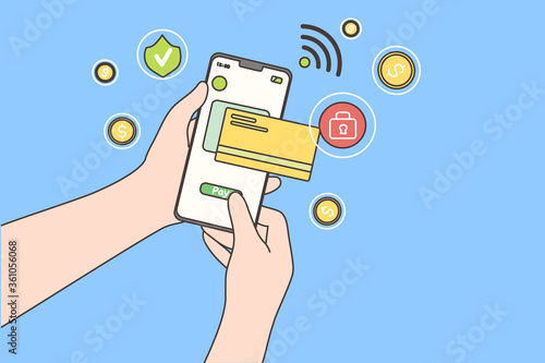 Online payment, technology, shopping, mobile phone concept. Paying by credit card via electronic wallet wirelessly through banking app. Human hand holding smartphone confirmating purchase remotely.