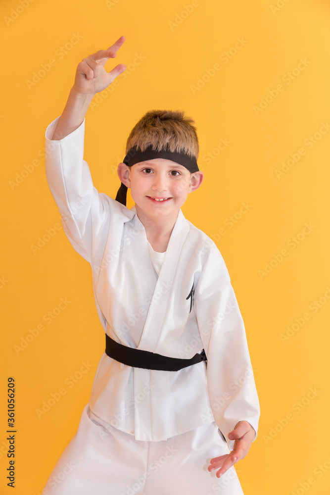 Little boy as a karate fighter. Funny faces.