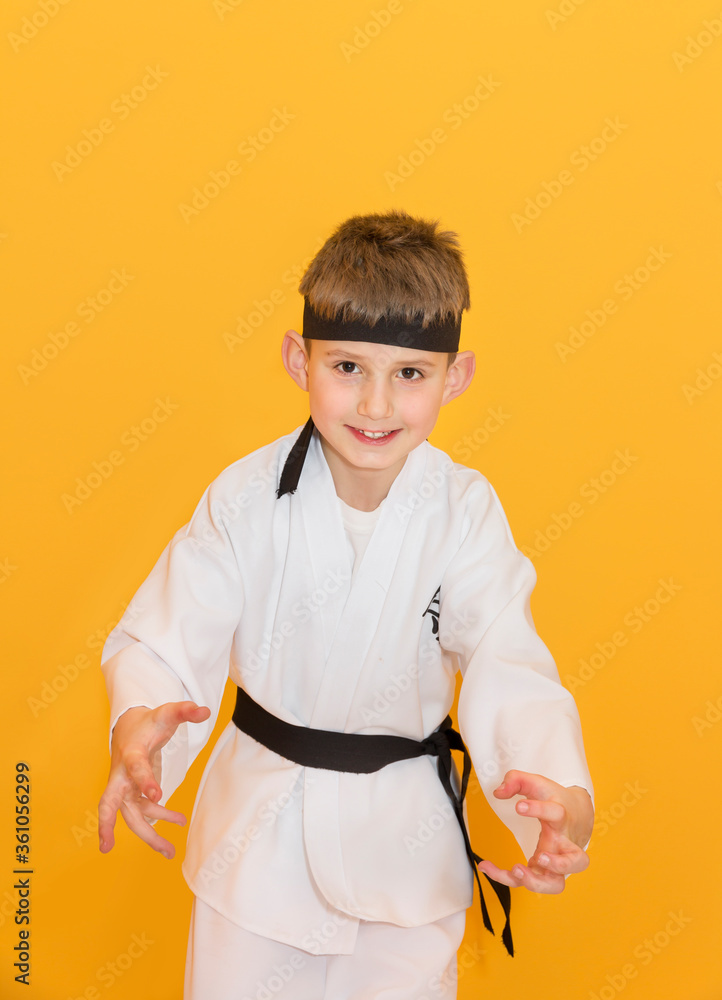 Little boy as a karate fighter. Funny faces.
