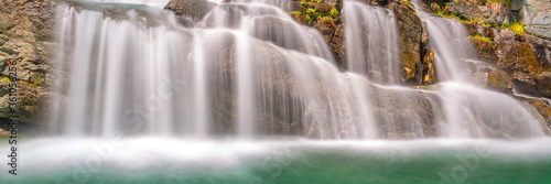 Panorama of Lillaz waterfalls near Cogne, Gran Paradiso national park, Aosta Valley in the Alps, Italy © Delphotostock