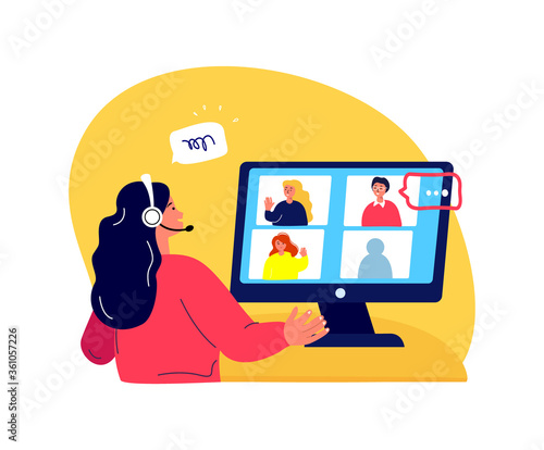 Online Blogging Podcast.Woman in Headphones Talk on Microphone,Media Radio Host.Laptop Internet.Online Meeting Interwiew.Blogger Podcaster,Broadcaster.Entertain Communication.Flat Vector Illustration. photo