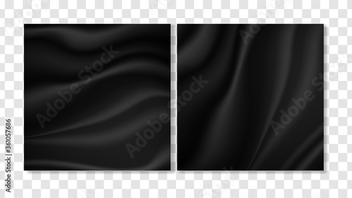 Black silk background, satin vector illustration banners set. Dark luxury material design isolated on transparent background, top view. Minimalist textile concept, fabric wave pattern, silk texture.