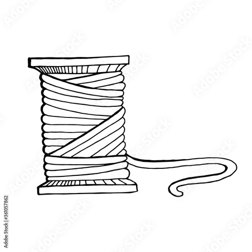 Drawn spool of thread. Graphic black and white vector image. Idea for logo, badge, print, social networks, site. Isolated on a white background.