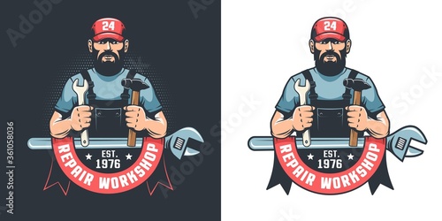 Repair workshop vintage logo with worker in cap. Repairman servise retro emblem. Vector illustration.