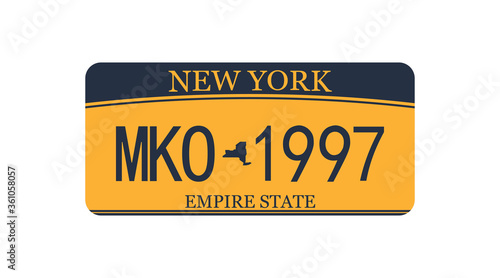 Car plate numbers Ney York. American yellow vehicle licence. Isolated vector
