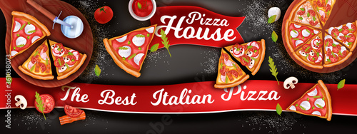 Horizontal pizza banner with mozzarella, slices, ketchup, tomato, mushrooms. Italian food background with margherita, pepperoni on black chalkboard. Fast food vector illustration in realistic style.