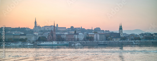Panoramic view of historical bank of Danube river in Budapest, Hungary.