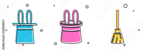 Set Magician hat and rabbit ears, Magician hat and rabbit ears and Witches broom icon. Vector.