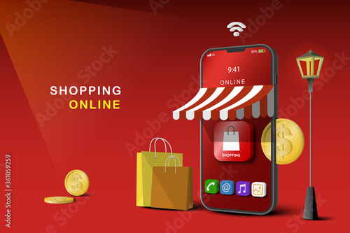 Shopping Online on Mobile Application Vector Concept Marketing and Digital marketing. Shop and store on smartphone with red Background.