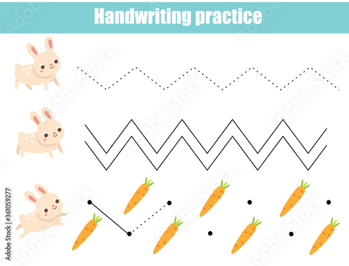 Handwriting practice sheet with funny rabbit. Educational children game. Tracing lines. early education worksheet for kids
