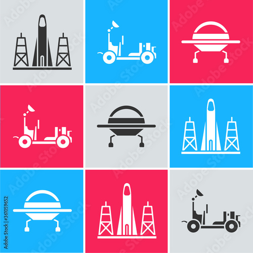 Set Rocket launch from the spaceport, Mars rover and UFO flying spaceship icon. Vector.