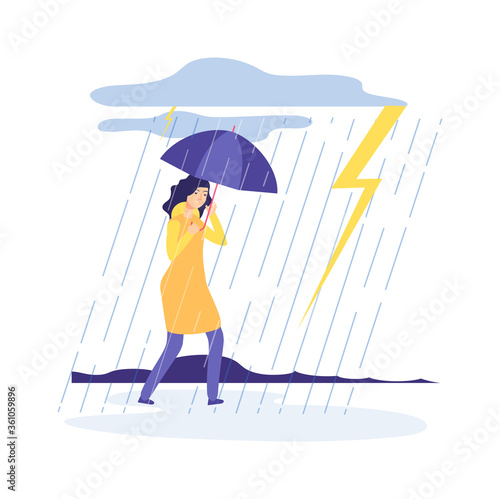 Woman rainy day. Bad weather, girl with umbrella. Sad tired female character. Person walks in thunderstorm and rain vector illustration. Woman in rain with umbrella, weather season
