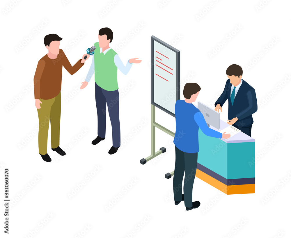Obraz premium Business presentation. Isometric businessman, guy giving interview. Conference or product advertising, marketing vector illustration. Manager briefing and presentation board isometric