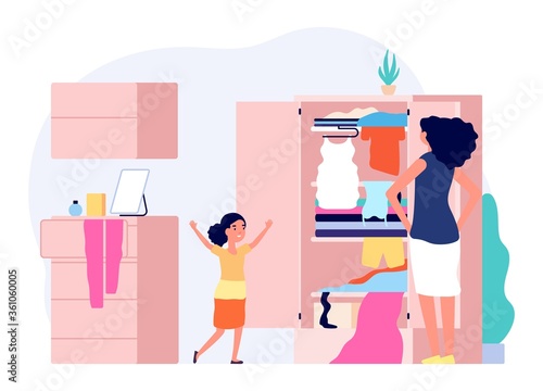 Mess in kids room. Happy girl serious mom. Wardrobe with clothes, woman and daughter measuring outfits. Free time with family, isolation period vector. Mother and daughter with clothes illustration