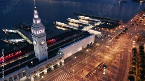 San Francisco aerial empty city streets waterfront during coronavirus quarantine, Pullback reveal