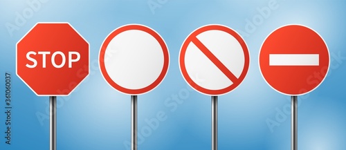 Stop road sign. Blank street traffic, danger stopping gesturing boards. Travel signage vector set. Street warning sign, traffic stop information illustration