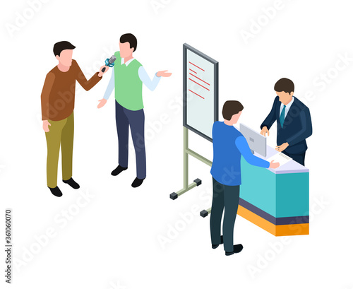 Business presentation. Isometric businessman, guy giving interview. Conference or product advertising, marketing vector illustration. Manager briefing and presentation board isometric