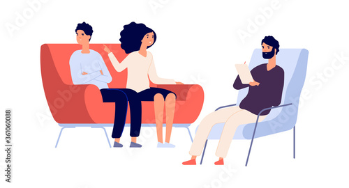 Fototapeta Naklejka Na Ścianę i Meble -  Family psychotherapy session. Psychotherapist talking with partners. Flat woman angry at man. People on sofa and psychologist vector illustration. Therapy for couple marriage, therapist mental session