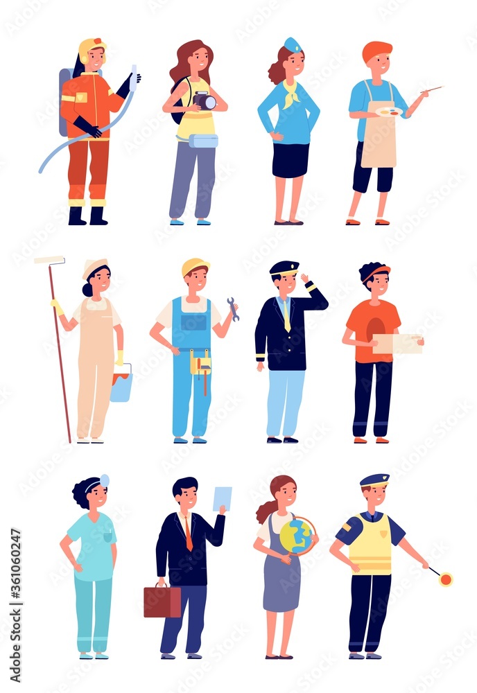 Kids in professional uniform. Child professions and jobs, boy girl occupation. Isolated cartoon children playing teacher builder vector set. Profession policeman, job pilot, professional illustration Kids in professional uniform. Child professions and jobs, boy girl occupation. Isolated cartoon children playing teacher builder vector set. Profession policeman, job pilot, professional illustration