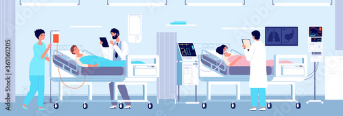Intensive therapy clinic. Patients hospital care in ward interior. Woman mechanical ventilation apparatus, doctors nurse vector illustration. Medical ventilation apparatus, intensive therapy help