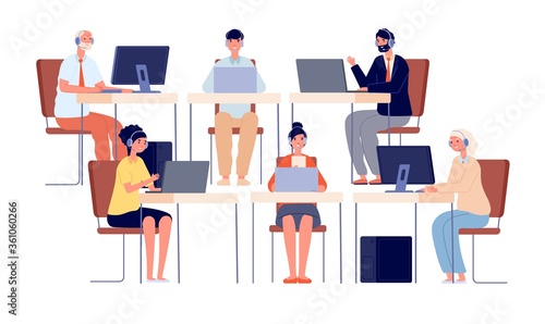 Call center characters. Contact service, smiling telephone agent with headset. Company office operator, customer hotline vector illustration. Operator telephone, support and call service for customer