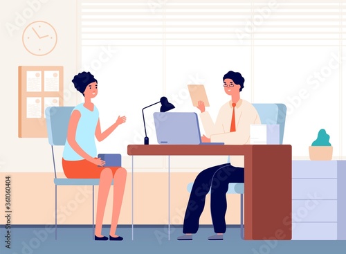 Interview with boss. Job occupation, female communication in office with businessman or hr manager. Recruitment employee vector illustration. Business hr candidate, recruitment office, hiring woman