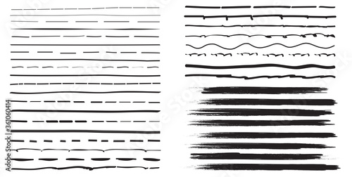 Lines hand drawn paint brush stroke. Vector set isolated on white. Collection of distressed, doodle, pen and pencil lines. Hand drawn scribble. Black border, ink and grunge brush stroke lines, vector