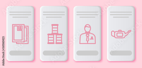 Set line Barrel oil, Barrel oil, Businessman or stock market trader and Canister for motor oil. White rectangle button. Vector.