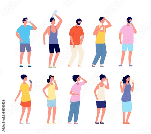 People cooling hot summer. Sweaty adult, woman man with cool beverages. Person relaxation and drinking, outdoor activity vector set. Hot people drink water, healthy character refresh illustration