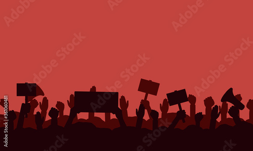 Crowd of people protesters. Silhouettes of protesting people with banners, megaphones and raised up hands and fist. Concept of fight for your rights, revolution or protest. Vector illustration.